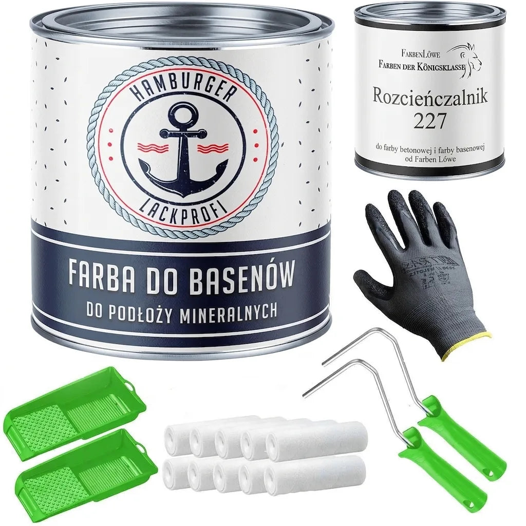 Zestaw do malowania basenu: farba do basenu, rozcieńczalnik, rękawiczki, wałki i kuwety malarskie.