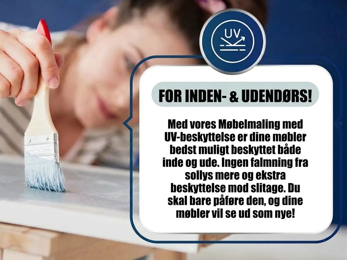 Kvinde maler, mens tekst beskriver møbelfarve med UV-beskyttelse til indendørs og udendørs brug, mod solblegning og slid.